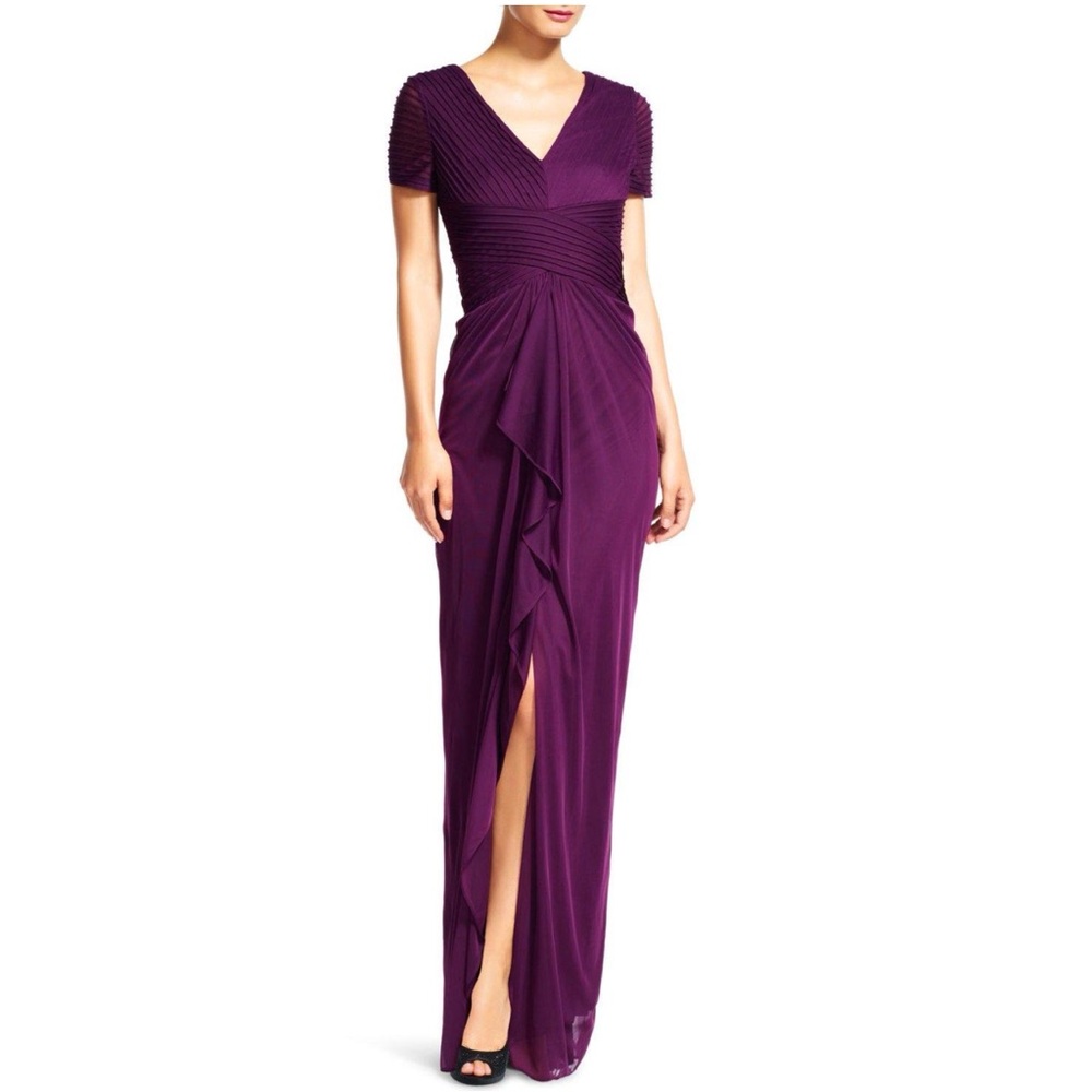 Adrianna Papell V Neck Short Sleeve Ribbed Ruffle Chiffon Purple Evening Gown